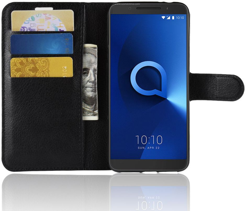 Alcatel 3 Litchi Skin Portemonnee Hoesje Zwart afbeelding 1
