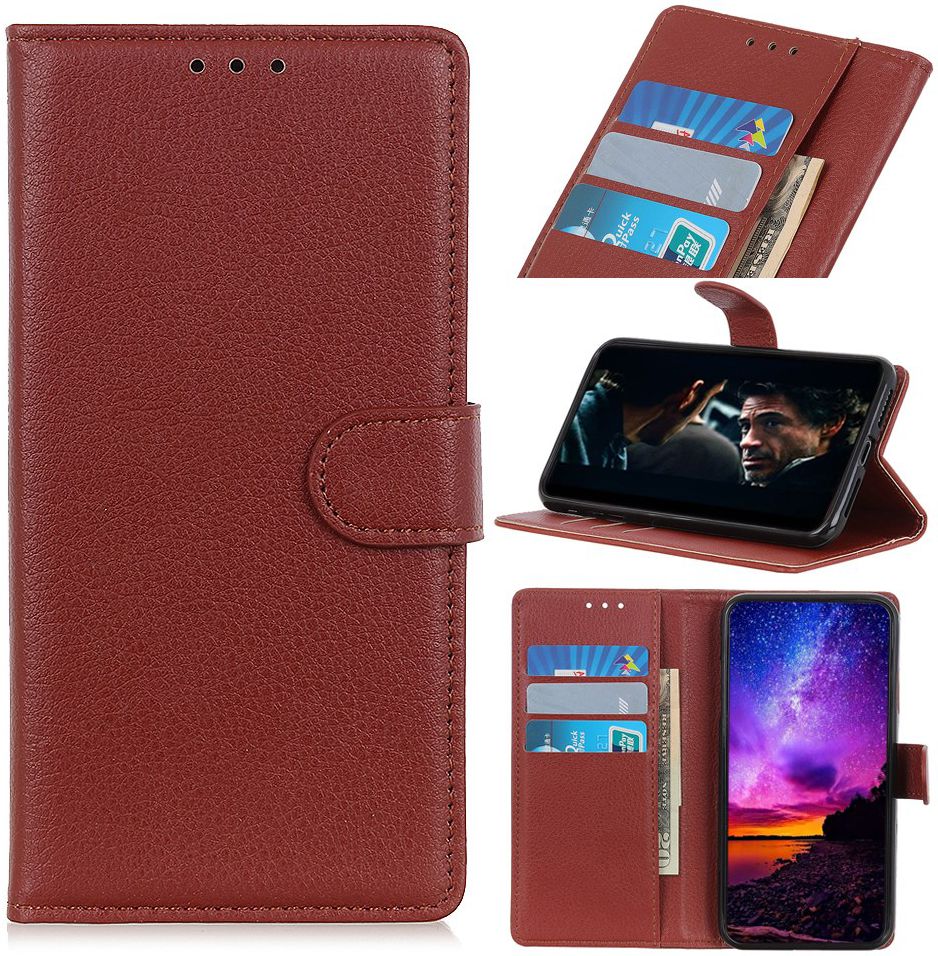 Alcatel 1S (2019) Litchi Skin Portemonnee Hoesje Bruin afbeelding 2