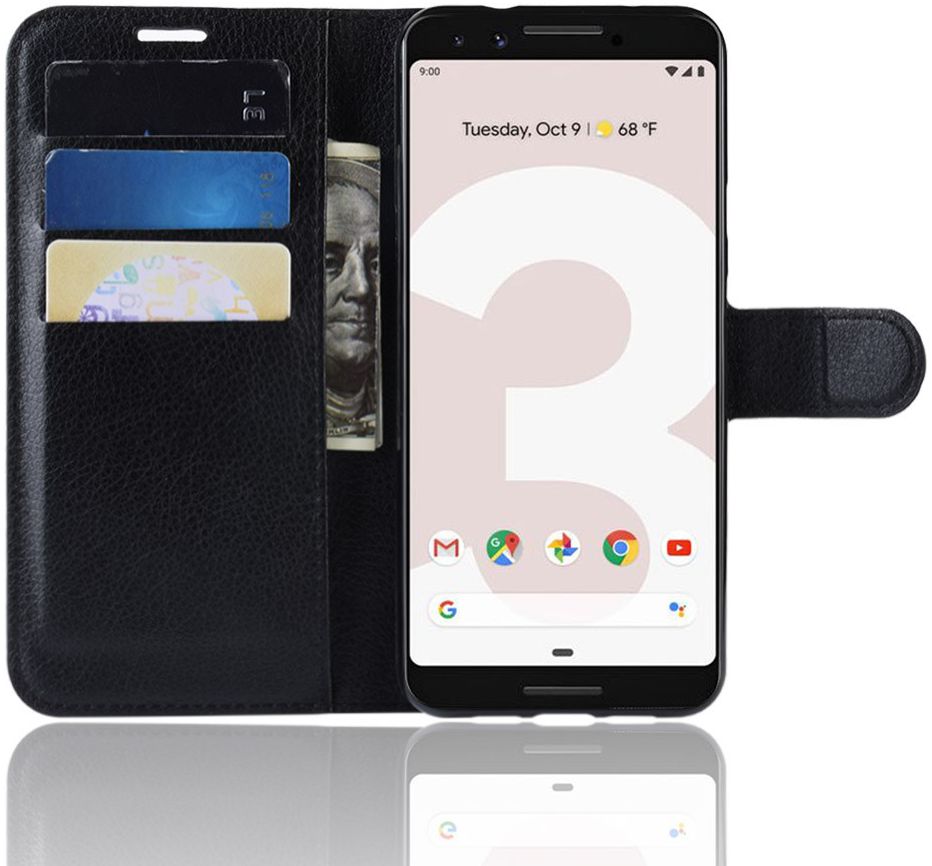 Google Pixel 3a Litchi Skin Leren Portemonnee Hoesje Zwart afbeelding 1