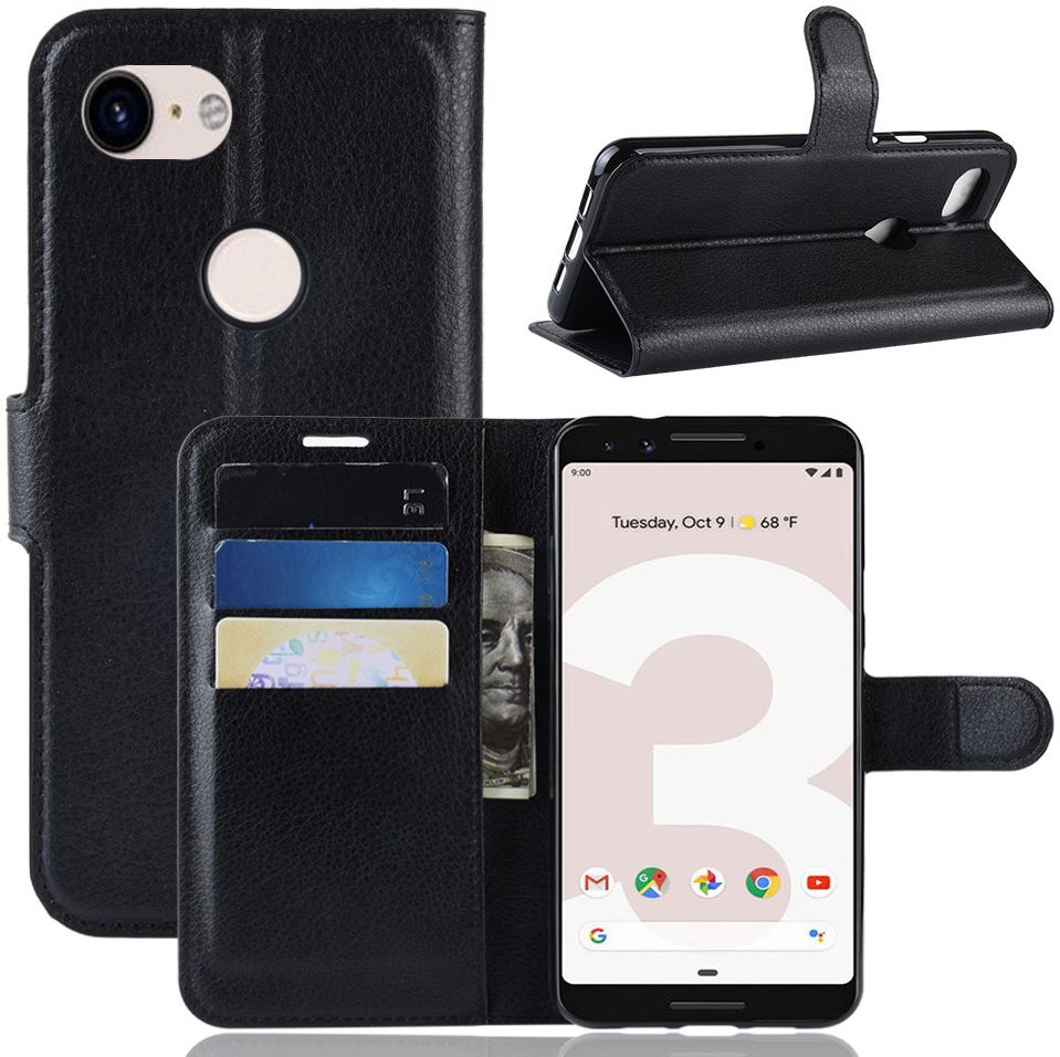 Google Pixel 3a Litchi Skin Leren Portemonnee Hoesje Zwart afbeelding 3