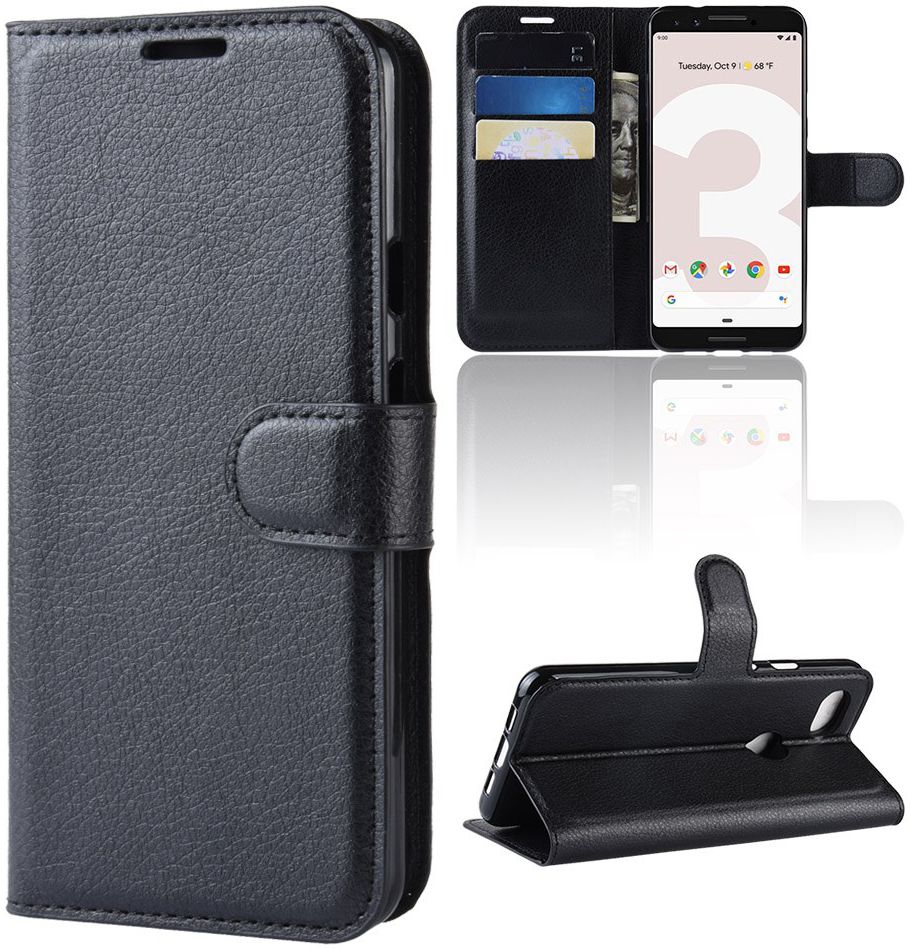 Google Pixel 3a Litchi Skin Leren Portemonnee Hoesje Zwart afbeelding 4