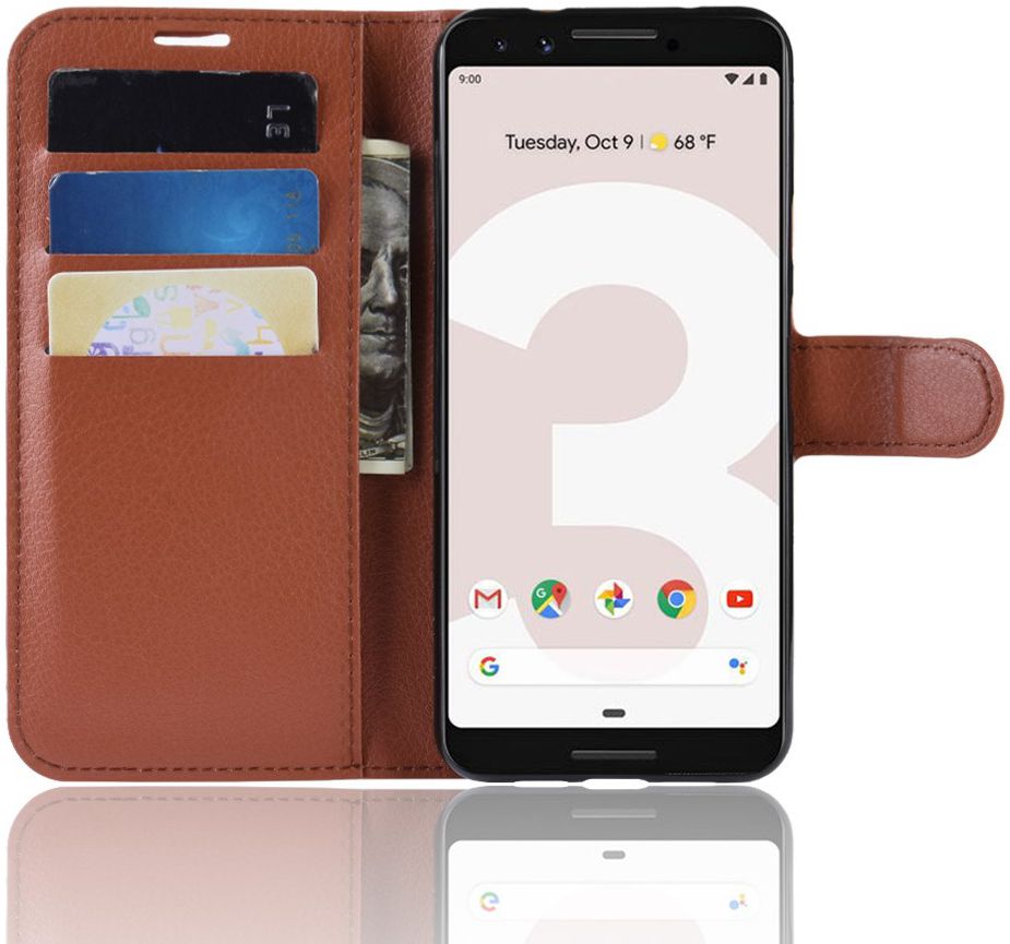 Google Pixel 3a Litchi Skin Leren Portemonnee Hoesje Bruin afbeelding 1