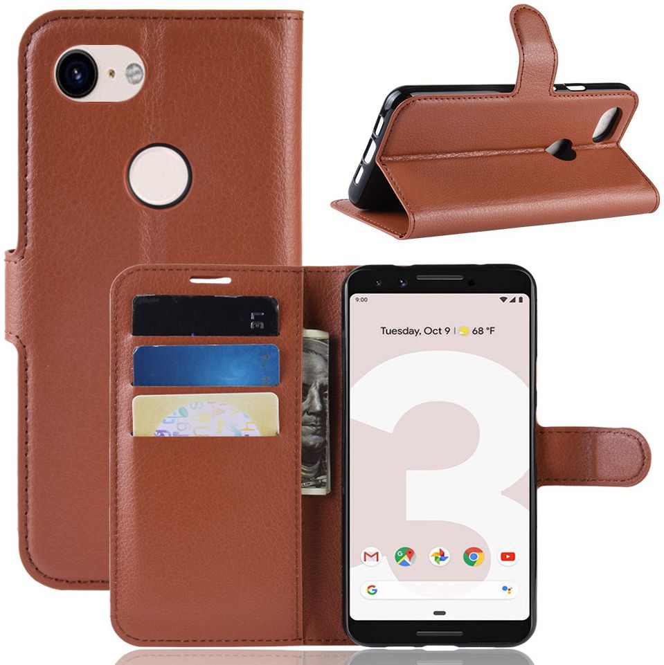 Google Pixel 3a Litchi Skin Leren Portemonnee Hoesje Bruin afbeelding 3