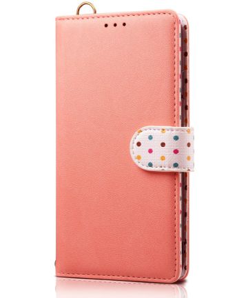 Samsung Galaxy A50 Book Case Hoesje Retro Dots Wallet Kunst Leer Roze Hoesjes