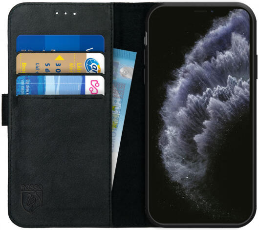 Rosso Deluxe Apple iPhone 11 Pro Hoesje Echt Leer Book Case Zwart afbeelding 1