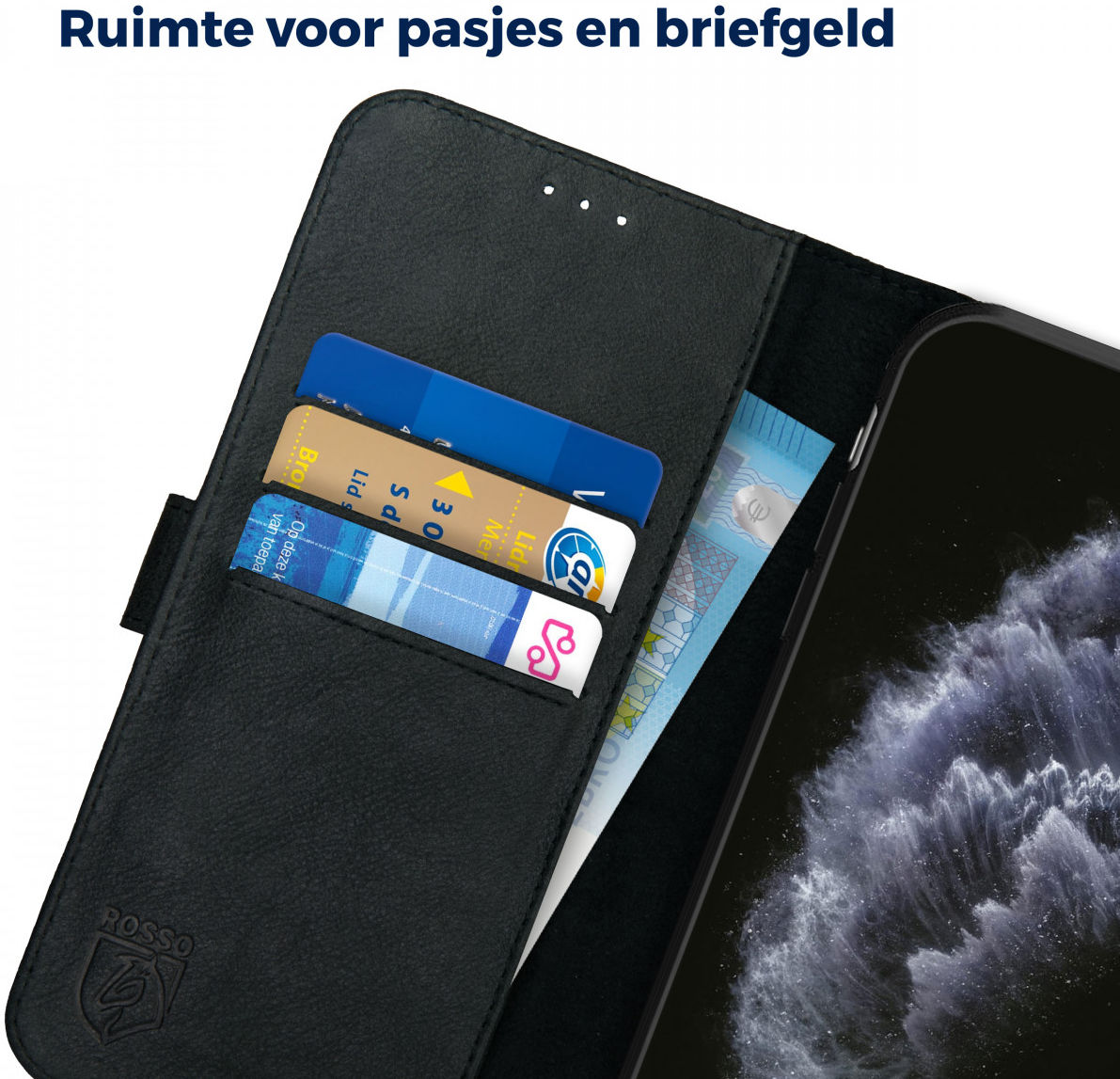 Rosso Deluxe Apple iPhone 11 Pro Max Hoesje Echt Leer Book Case Zwart afbeelding 8