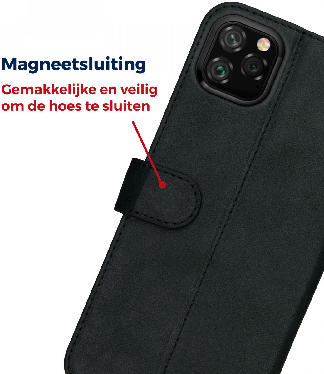 Rosso Deluxe Apple iPhone 11 Pro Max Hoesje Echt Leer Book Case Zwart afbeelding 9