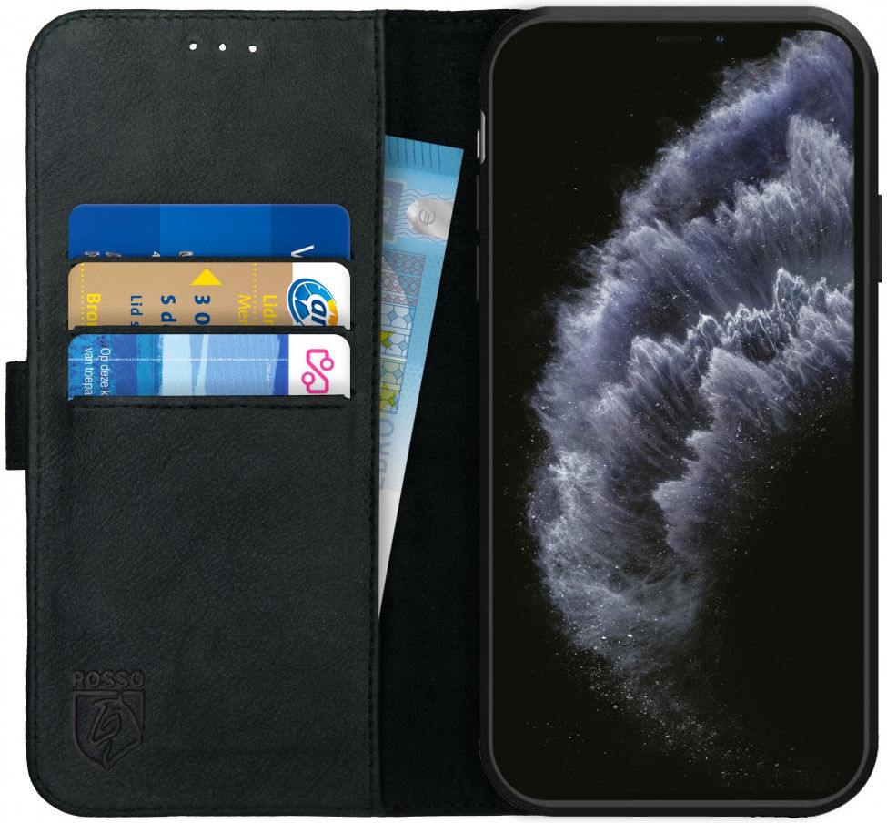 Rosso Deluxe Apple iPhone 11 Pro Max Hoesje Echt Leer Book Case Zwart afbeelding 1