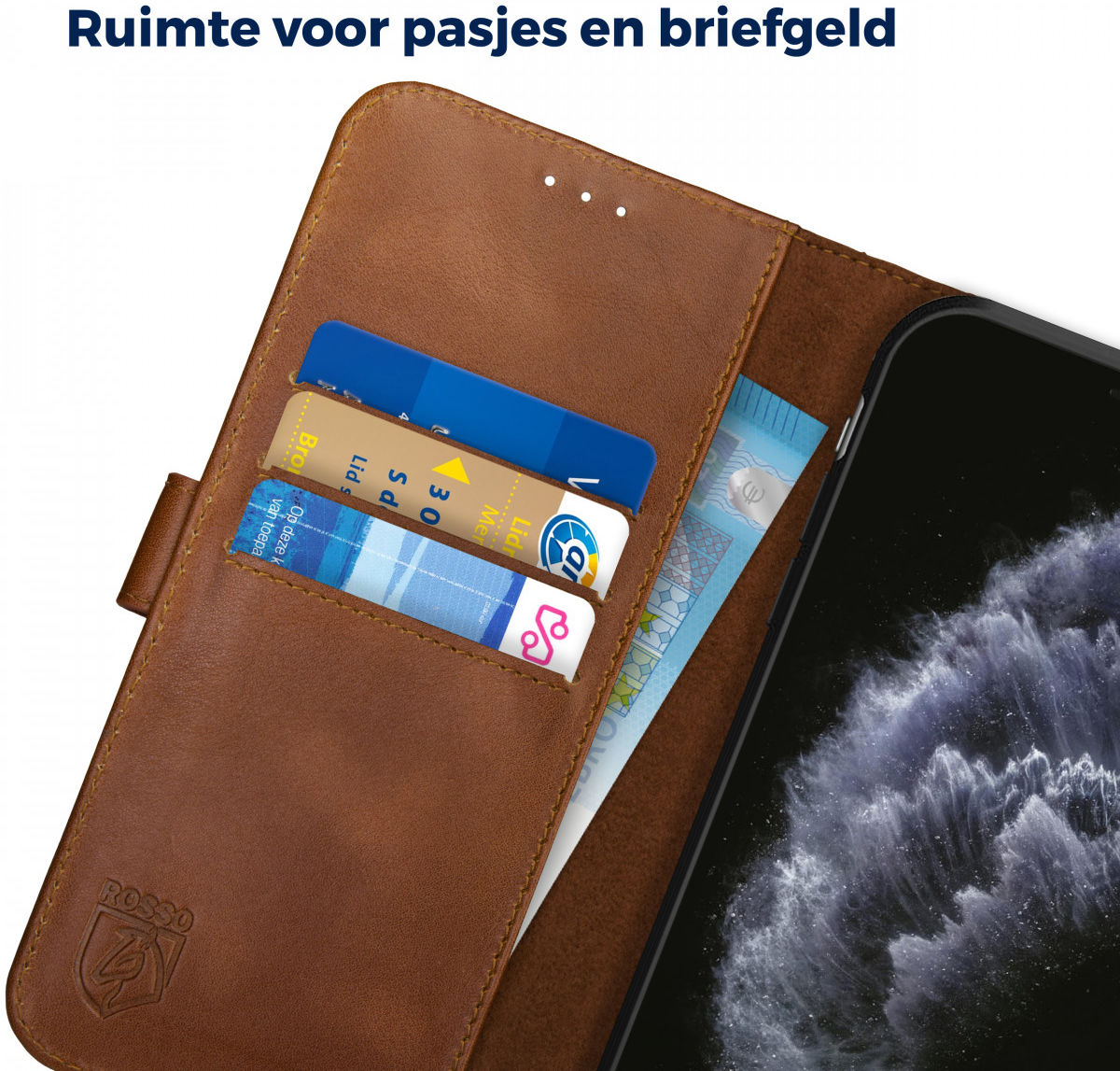 Rosso Deluxe Apple iPhone 11 Pro Max Hoesje Echt Leer Book Case Bruin afbeelding 9