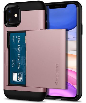 Spigen Slim Armor Card Holder Case Apple iPhone 11 Hoesje Roze Goud Hoesjes