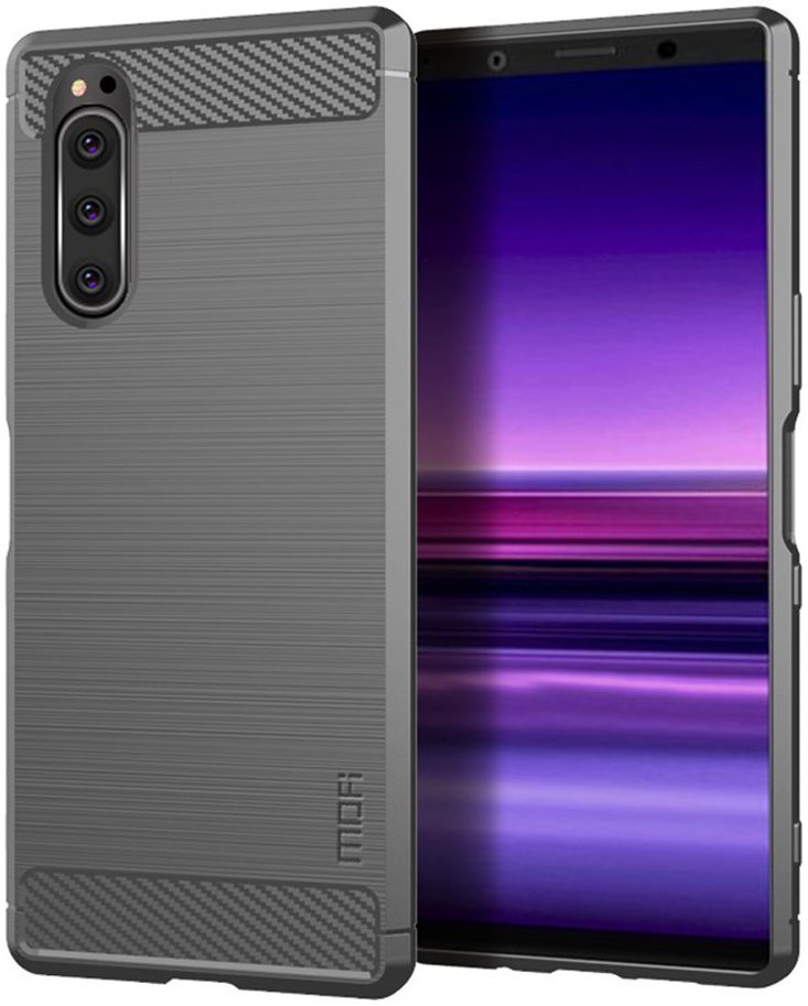 Sony Xperia 5 Geborsteld Carbon TPU Hoesje Grijs afbeelding 1