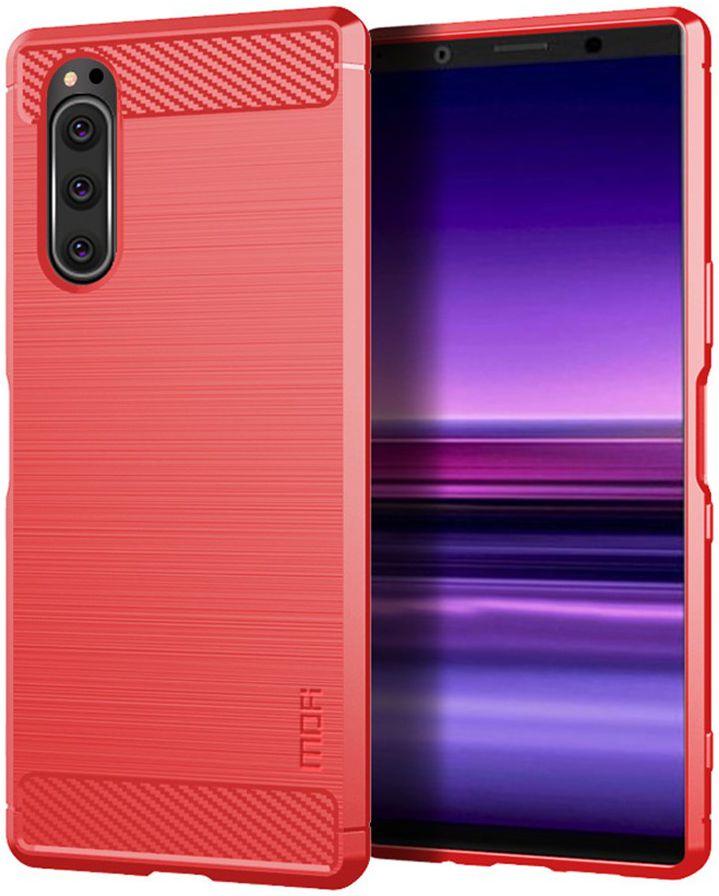 Sony Xperia 5 Geborsteld Carbon TPU Hoesje Rood afbeelding 1