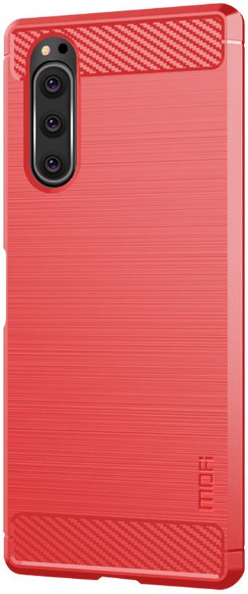 Sony Xperia 5 Geborsteld Carbon TPU Hoesje Rood afbeelding 2