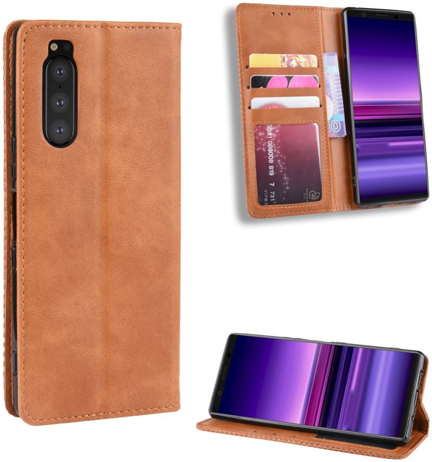 Sony Xperia 5 Retro Portemonnee Hoesje Bruin afbeelding 1