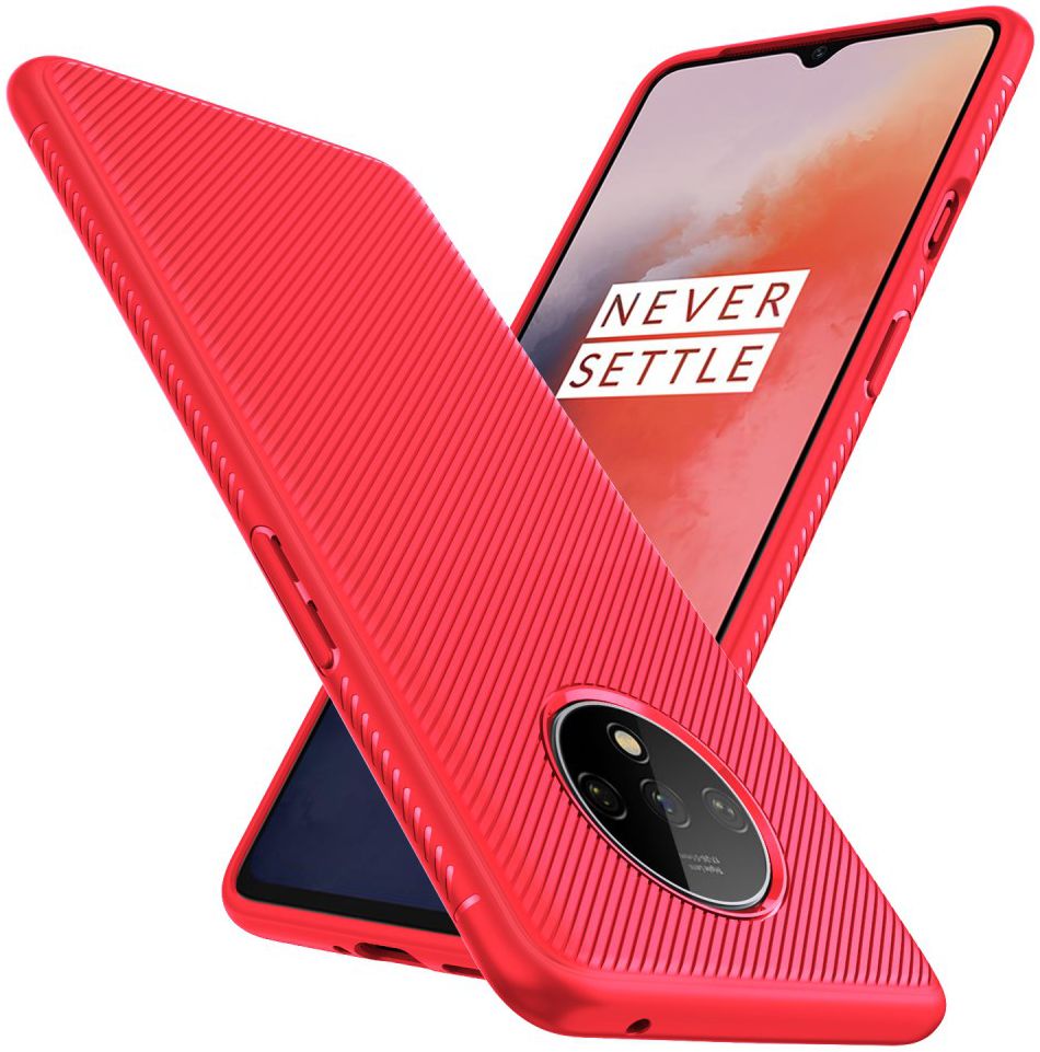 OnePlus 7T Twill Slim Texture Back Cover Rood afbeelding 2