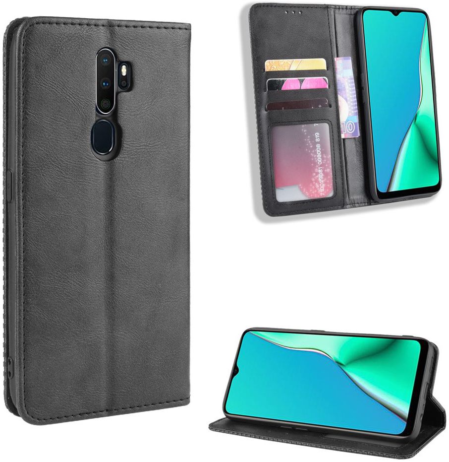 Oppo A5 / A9 (2020) Retro Stijl kunstlederen Portemonnee Hoesje Zwart afbeelding 2