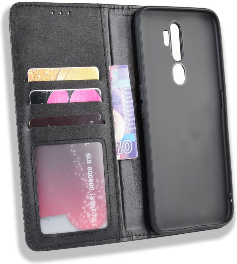 Oppo A5 / A9 (2020) Retro Stijl kunstlederen Portemonnee Hoesje Zwart afbeelding 3
