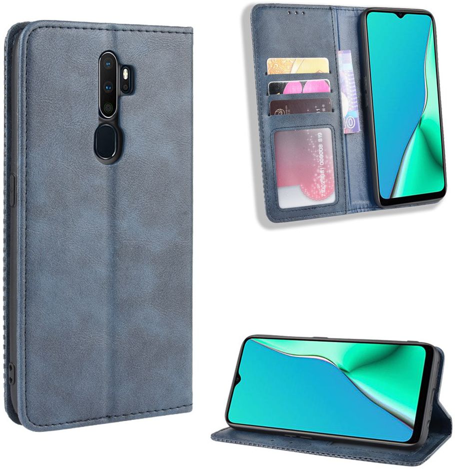 Oppo A5 / A9 (2020) Retro Stijl Kunstleren Portemonnee Hoesje Blauw afbeelding 2