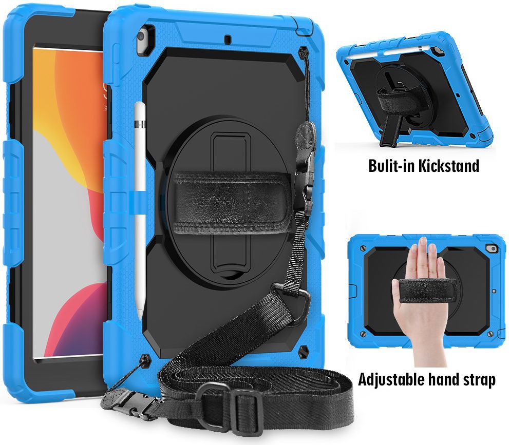 iPad 10.2 2019 / 2020 / 2021 Hoesje met Verstelbare Handriem Blauw afbeelding 1