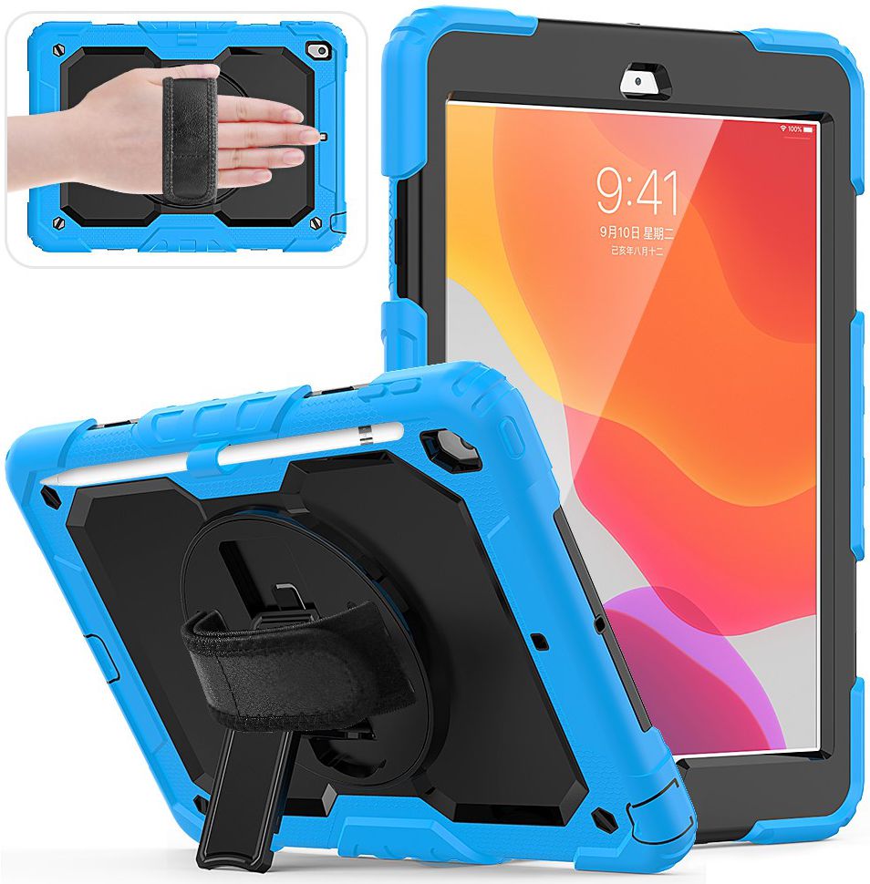 iPad 10.2 2019 / 2020 / 2021 Hoesje met Verstelbare Handriem Blauw afbeelding 2