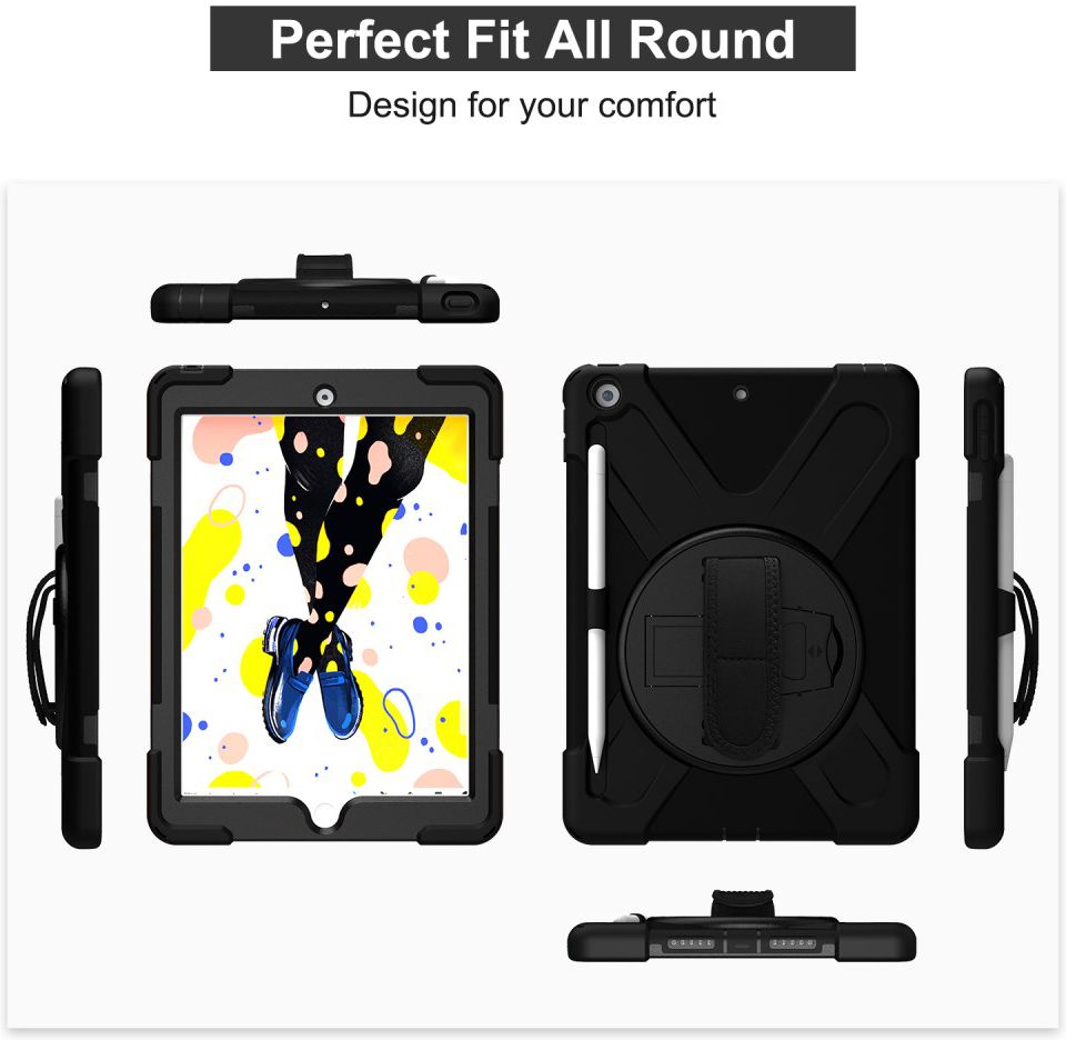 Apple iPad 10.2 (2019) Hybride Kickstand Hoesje met Handriem Zwart afbeelding 3