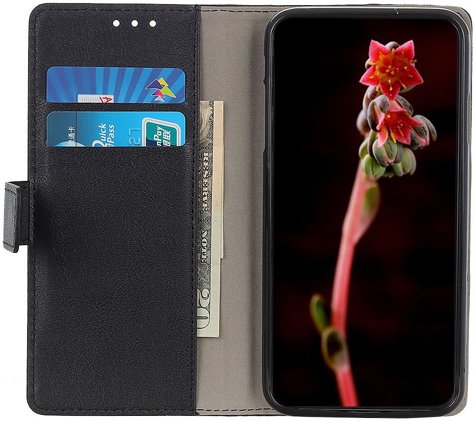 Motorola One Macro Lychee Portemonnee Hoesje met Standaard Zwart afbeelding 1