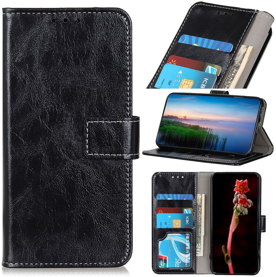 Alcatel 3X 2019 Crazy Horse Leren Portemonnee Hoesje Zwart afbeelding 2