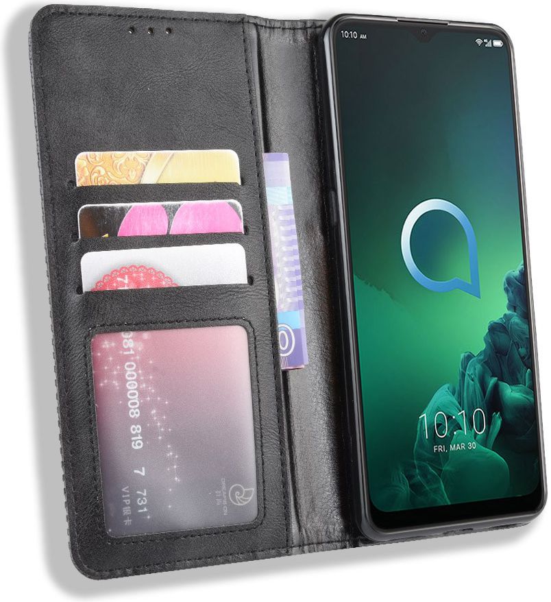 Alcatel 3X (2019) Retro Stijl Kunstleren Portemonnee Hoesje Zwart afbeelding 1