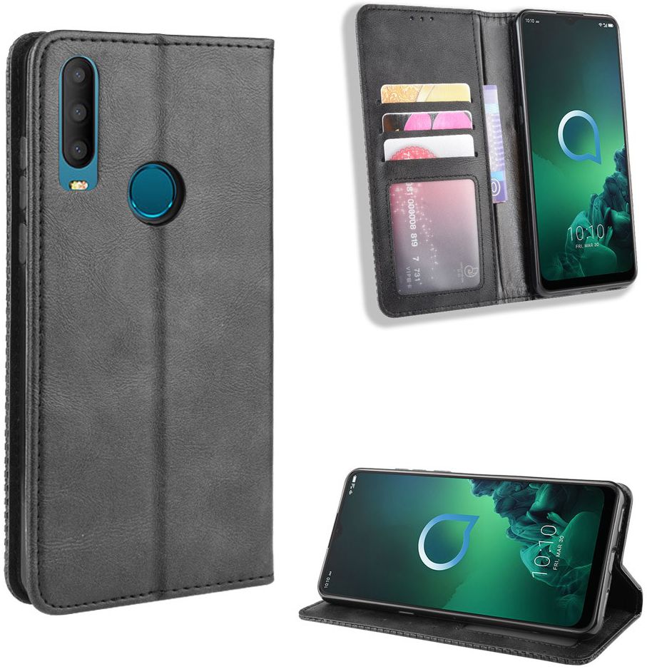 Alcatel 3X (2019) Retro Stijl Kunstleren Portemonnee Hoesje Zwart afbeelding 3