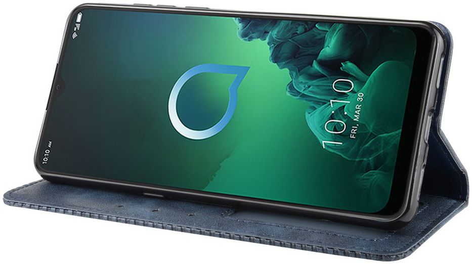 Alcatel 3X (2019) Retro Stijl Kunstleren Portemonnee Hoesje Blauw afbeelding 3