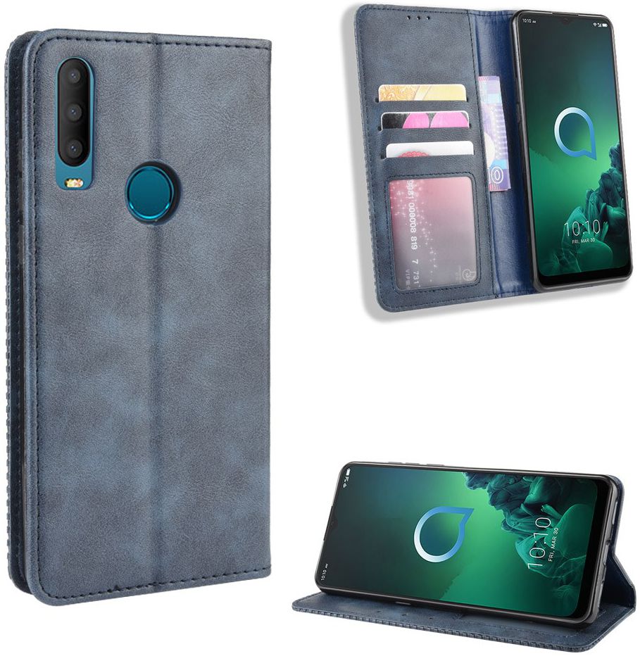 Alcatel 3X (2019) Retro Stijl Kunstleren Portemonnee Hoesje Blauw afbeelding 4