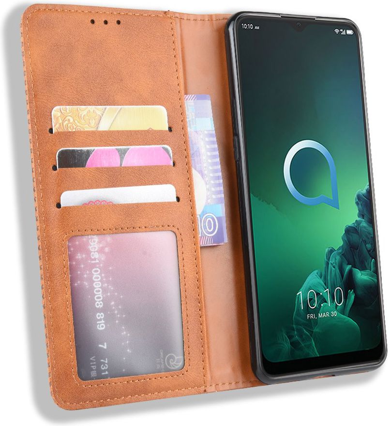 Alcatel 3X (2019) Retro Stijl Kunstleren Portemonnee Hoesje Bruin afbeelding 1