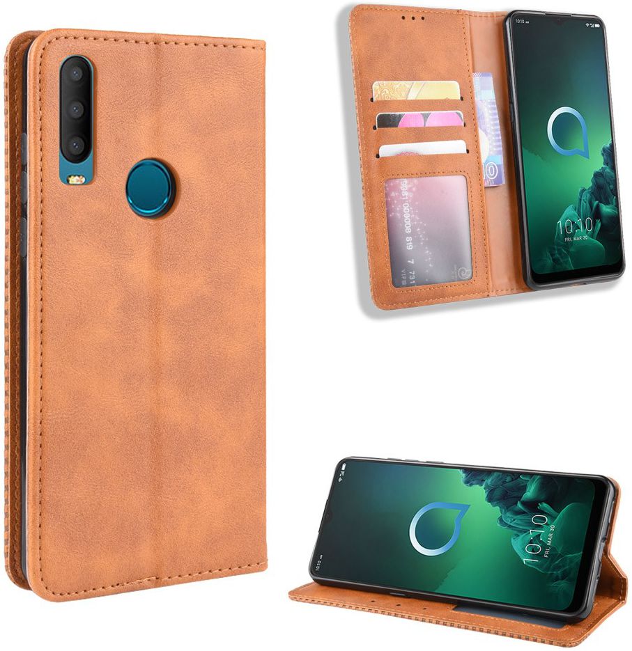 Alcatel 3X (2019) Retro Stijl Kunstleren Portemonnee Hoesje Bruin afbeelding 4