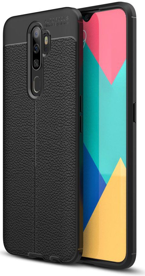 Oppo A9 (2020) / A5 (2020) Hoesje met Leren Textuur Zwart afbeelding 1