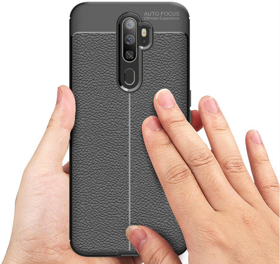 Oppo A9 (2020) / A5 (2020) Hoesje met Leren Textuur Zwart afbeelding 8