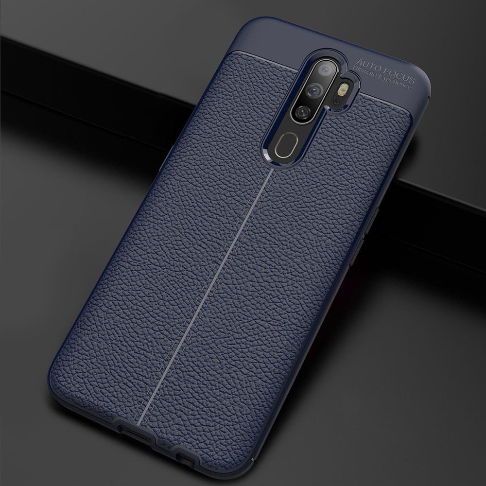 Oppo A9 (2020) / A5 (2020) Hoesje met Leren Textuur Blauw afbeelding 3