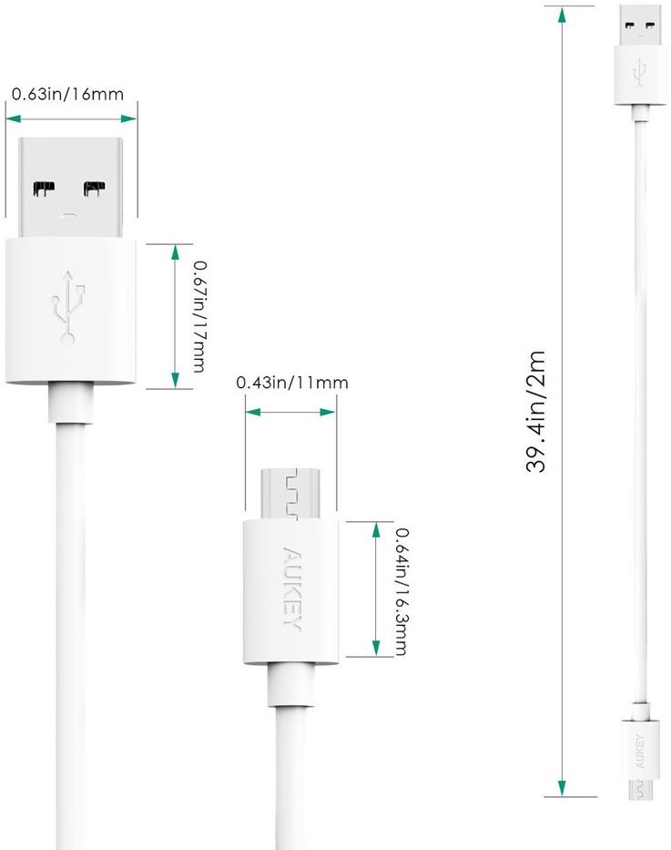 Aukey Premium Micro-USB Kabel 2 Meter Wit afbeelding 5