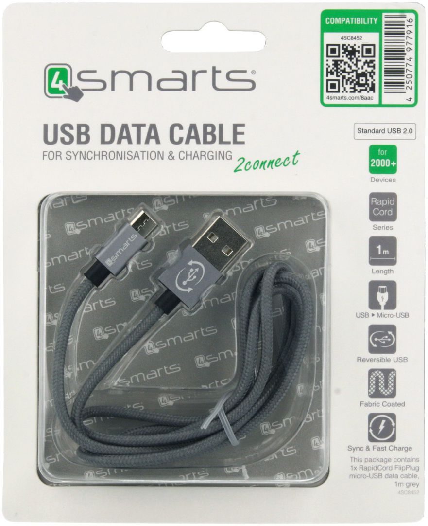 4smarts RAPIDCord Micro-USB Kabel 1 Meter Grijs afbeelding 3