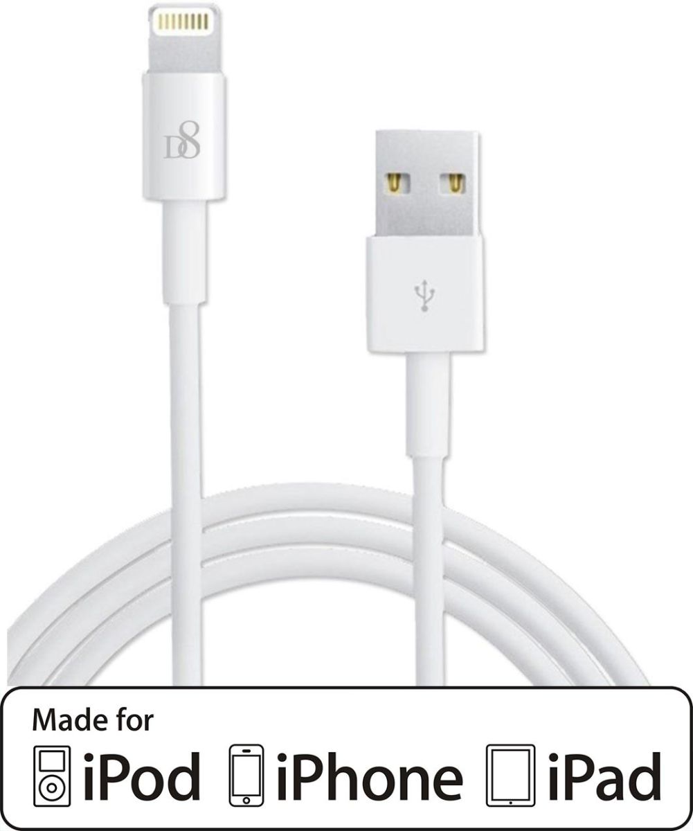 D8 Fast Charging 2.4A iPhone Kabel 1 Meter Wit afbeelding 1