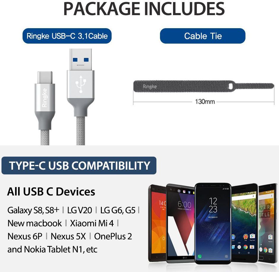 Ringke USB-C Kabel Gevlochten 1 meter Grijs afbeelding 7