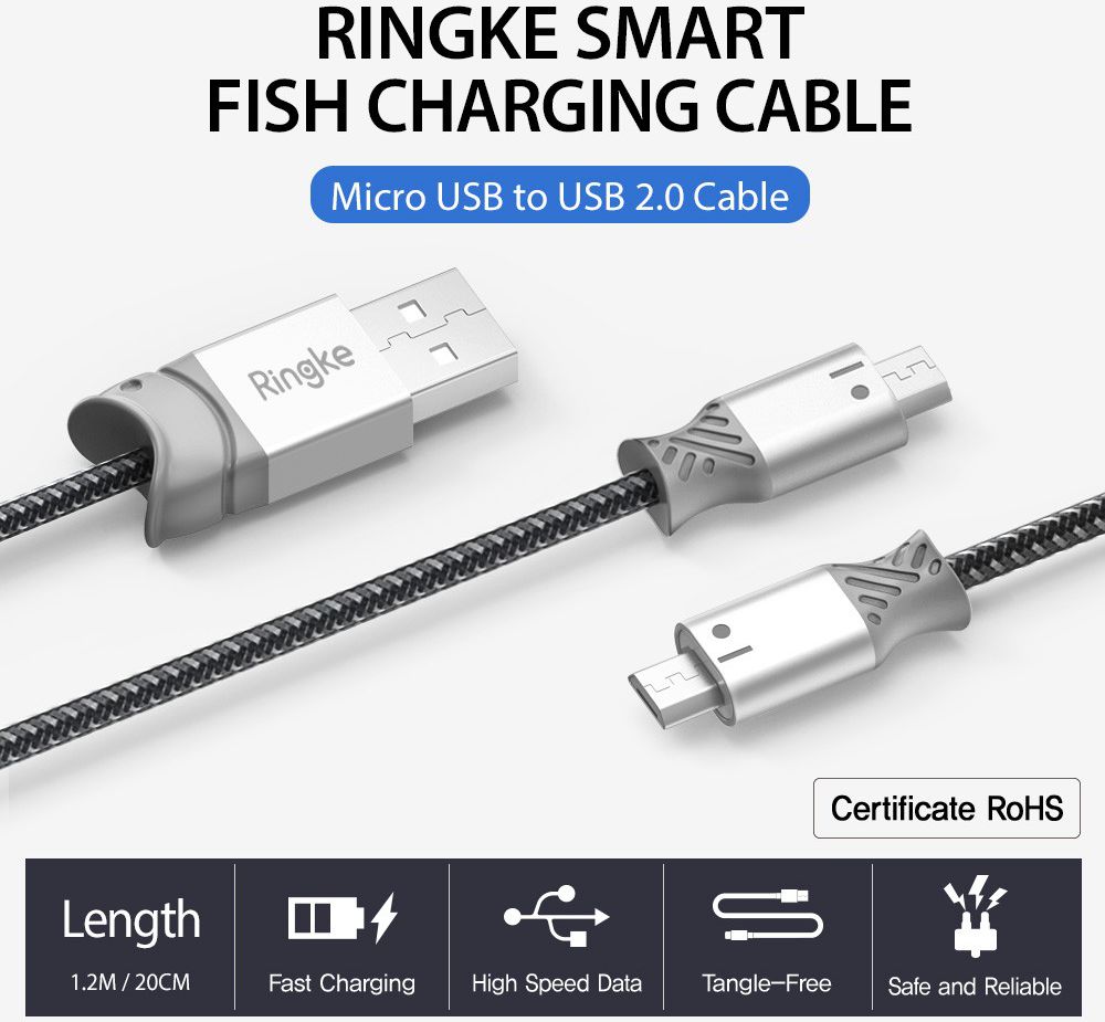 Ringke Smart Fish Micro-USB Kabel Gevlochten 0.2 Meter Grijs afbeelding 5