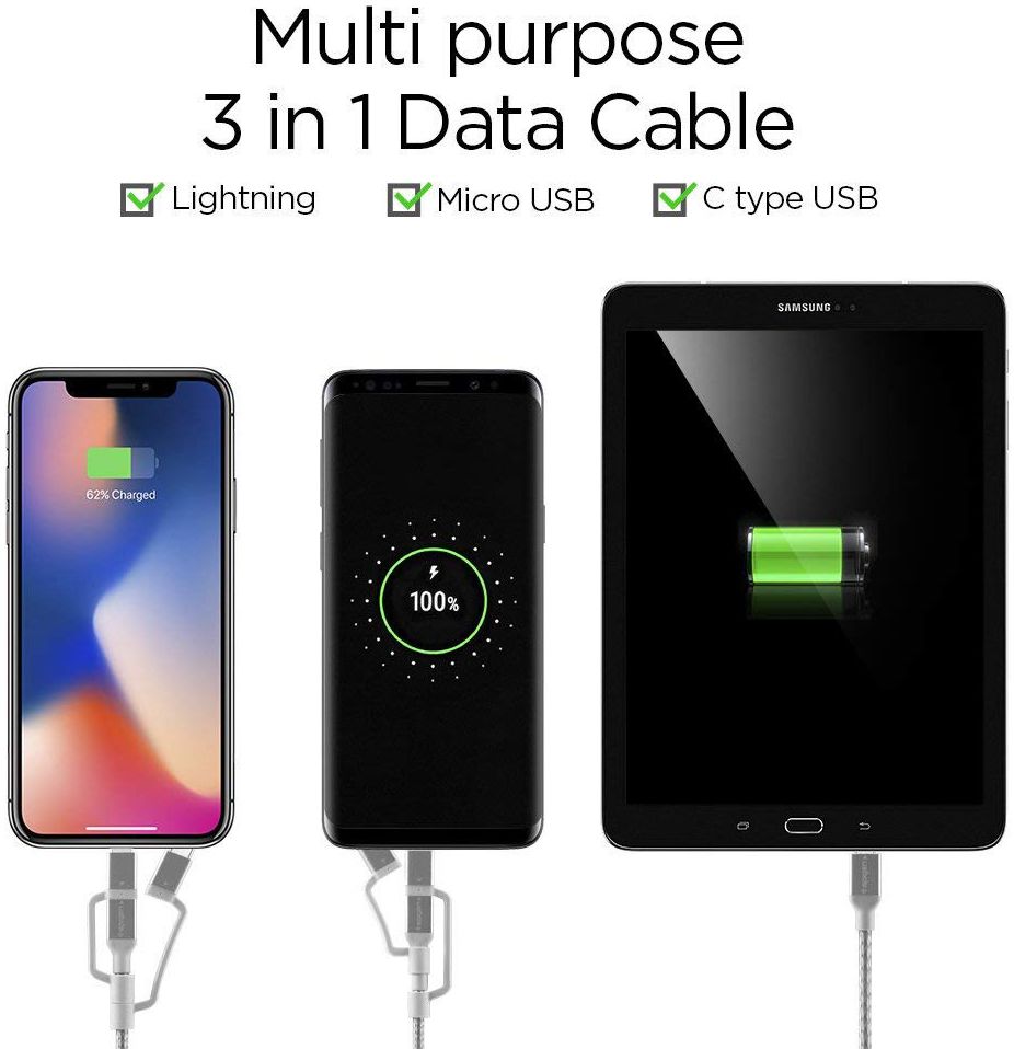 Spigen Essential 3-in-1 Kabelset 1.5 Meter Zilver afbeelding 2
