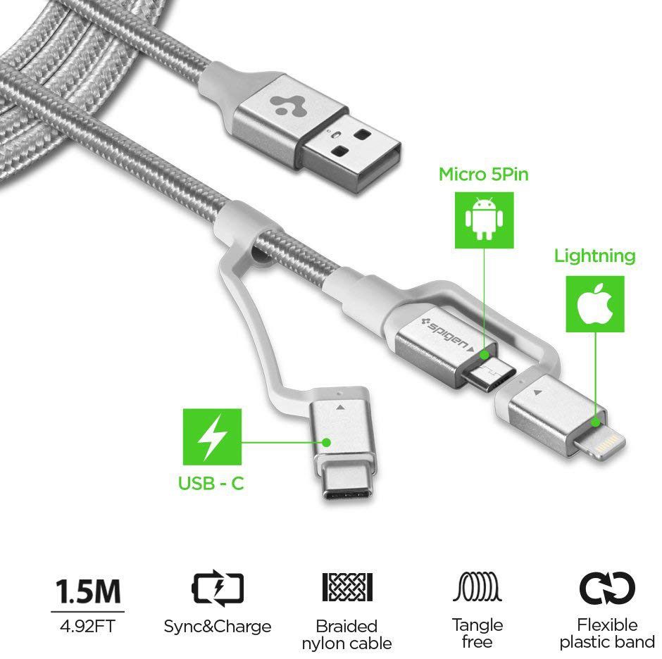 Spigen Essential 3-in-1 Kabelset 1.5 Meter Zilver afbeelding 3