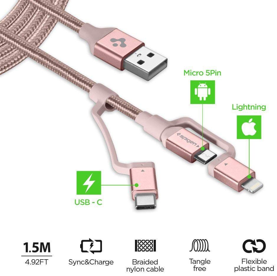 Spigen Essential 3-in-1 Kabelset 1.5 Meter Rose Gold afbeelding 2