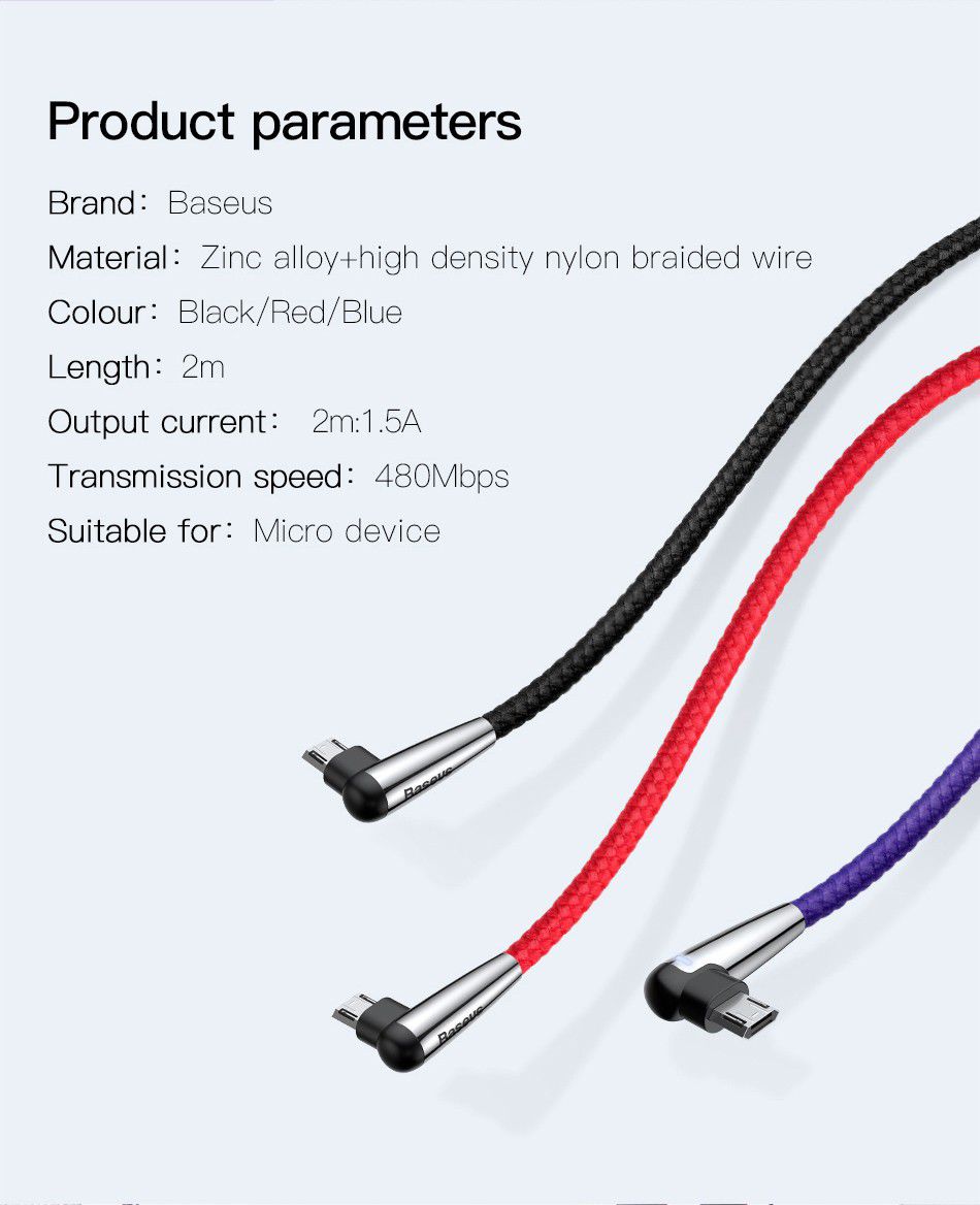 Baseus Micro-USB Gevlochten Nylon Haakse Kabel 2 Meter Zwart afbeelding 6