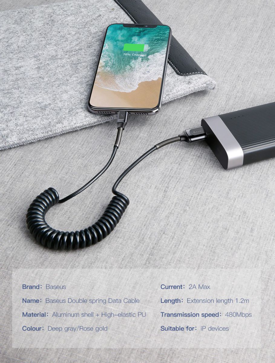 Baseus Double Spring 1.2 Meter USB Datakabel Grijs afbeelding 11