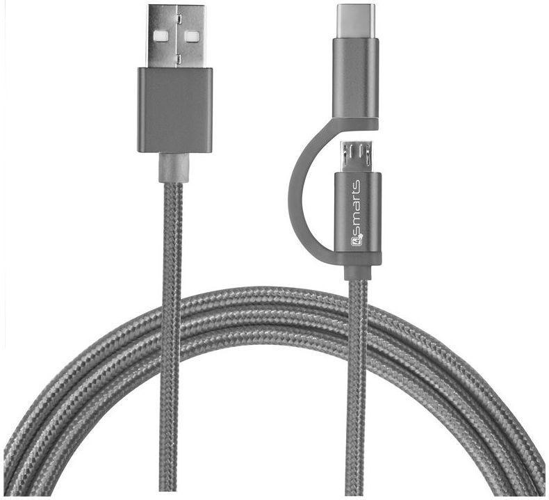 4Smart ComboCord Micro-USB en USB-C Gevlochten Kabel 2 Meter Grijs afbeelding 3