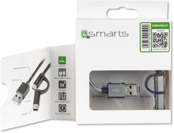 4Smart ComboCord Micro-USB en USB-C Gevlochten Kabel 2 Meter Grijs afbeelding 4