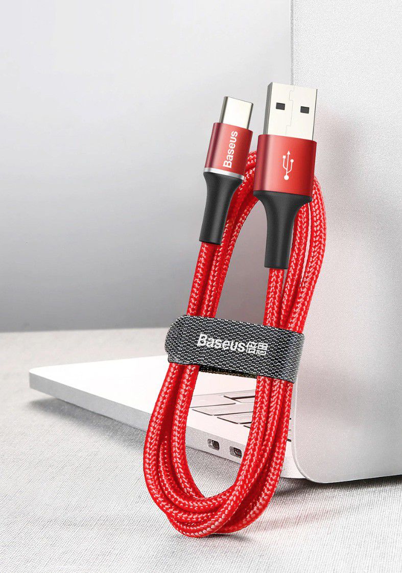 Baseus Gevlochten USB-C Kabel 2 Meter LED Indicator Lampje 2A Rood afbeelding 4