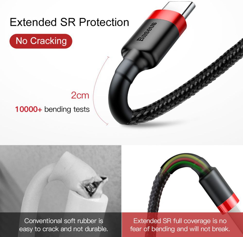 Baseus Gevlochten USB-C Fast Charge Kabel 1 Meter 3A Zwart Rood afbeelding 8